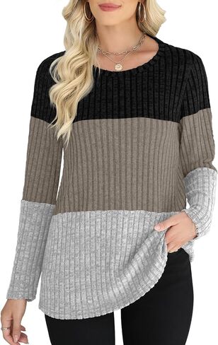 Fall Sweaters for Women Long Sleeve Crewneck Casual Shirts Loose Fit Color Block Tunic Tops(Light Green-White-Olive Green-0,S) in Kuwait