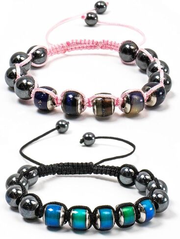 2 Pcs Adjustable Mood Bracelet for Women Color Changing Based on Emotion Beaded Braided Bracelet Dazzling Mood Bracelet Shinning Links Christmas Gift for Children Adults (Black and Color Rope) in Saudi Arabia