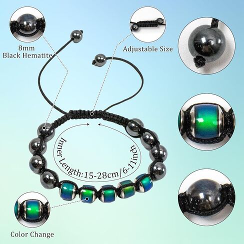 2 Pcs Adjustable Mood Bracelet for Women Color Changing Based on Emotion Beaded Braided Bracelet Dazzling Mood Bracelet Shinning Links Christmas Gift for Children Adults (Black and Color Rope) in Saudi Arabia