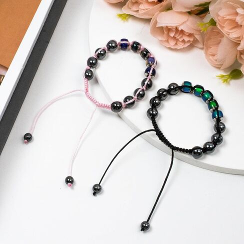 2 Pcs Adjustable Mood Bracelet for Women Color Changing Based on Emotion Beaded Braided Bracelet Dazzling Mood Bracelet Shinning Links Christmas Gift for Children Adults (Black and Color Rope) in Saudi Arabia