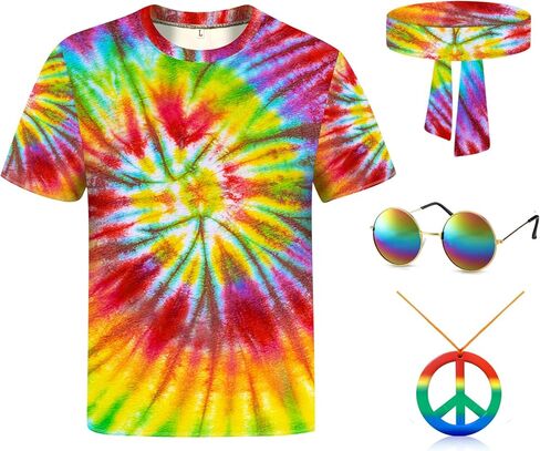 Hippie Costume for Men Women 4PCS Mens 60s 70s Outfit Set Colorful Hippie Shirt Sunglasses Headband Peace Necklace in Kuwait