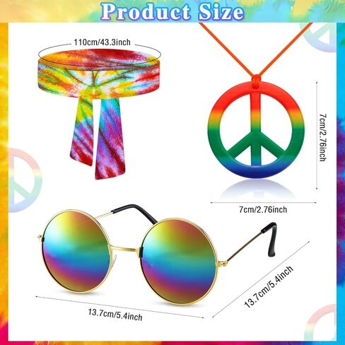 Hippie Costume for Men Women 4PCS Mens 60s 70s Outfit Set Colorful Hippie Shirt Sunglasses Headband Peace Necklace in Kuwait
