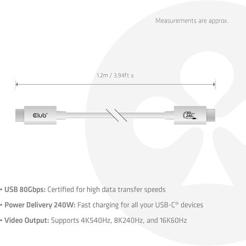 Club 3D CAC-1570 USB 80Gbps Certified 240W 8K 240Hz Type-C® 1.2m / 3.94ft Black Cable in Kuwait