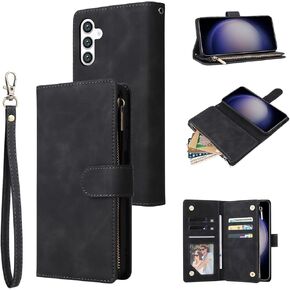QLTYPRI Wallet Case for Samsung Galaxy S25 Ultra, Premium Vintage PU Leather Zipper Pocket Case with Card Holder Slots Magnetic Closure Kickstand Wrist Strap Shockproof Flip Folio Case - Wine Red