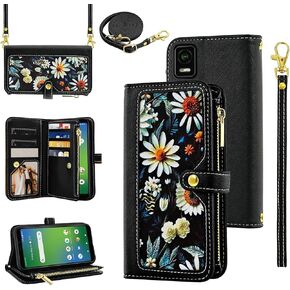 Floral Wallet Case for Cricket Vision Plus 2022 with Wrist Strap Shoulder Strap Flip Zipper Purse, Luxury PU Leather Credit Card Holder Stand Cell Phone Cover for Vision+ + SL100EA Women Blue