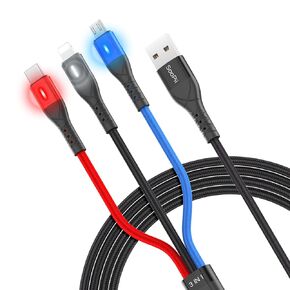 SOOPII Car Carplay Cable with 3 Colors LED Indicator,Nylon Braided 3 in 1 Multi Charging Cable 1.5m/5ft with lPhone/Type C/Micro USB Port for lPhone 14/Plus/Pro Max& Galaxy S24 and More(2 Pack)