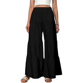WDIRARA Women's Flowy Boho Elastic High Waist Ruffle Hem Wide Leg Beach Loose Palazzo Pants