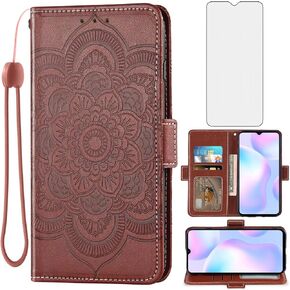 Asuwish Compatible with Xiaomi Redmi 9A Redme 9i Wallet Case and Tempered Glass Screen Protector Leather Flip Cover Credit Card Holder Stand Cell Phone Cases for Redmi9A A9 Redmi9i i9 Women Men Gray