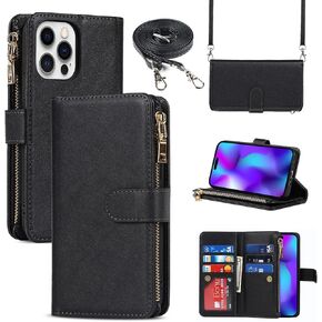 Cavor for iPhone 14 Pro Max Case Wallet for Women Men,Phone Case for iPhone 14 Pro Max Crossbody Case with Strap and Stand,Leather Shockproof Magnetic Protective Cover,Rose Gold