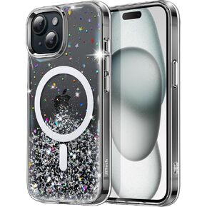 JETech Glitter Case for iPhone 15 6.1-Inch Compatible with MagSafe, Clear Cute Bling Sparkle for Women and Girls, Shiny Shockproof Magnetic Sparkly Phone Cover (Clear)