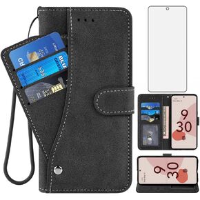 Asuwish Compatible with Google Pixel 6A 5G 2022 Wallet Case and Tempered Glass Screen Protector Lanyard Flip Cover Credit Card Holder Stand Cell Accessories Phone Cases for Pixel6A A6 Women Men Purple
