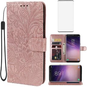 Case for Galaxy S8 Case, Samsung S8 SM-G950U Wallet Case with Tempered Glass Screen Protector, Lace Flower PU Leather Flip Credit Card Holder Phone Cover for Samsung Galaxy S8 Green in Saudi Arabia