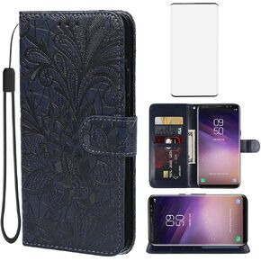 Case for Galaxy S8 Case, Samsung S8 SM-G950U Wallet Case with Tempered Glass Screen Protector, Lace Flower PU Leather Flip Credit Card Holder Phone Cover for Samsung Galaxy S8 Green