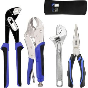 5-piece Pliers Set Home Maintenance Tool Kit for Men, Including Groove Joint, Long Nose, Diagonal Cutting, Adjustable Wrench and Linesman Pliers, with Storage Pouch