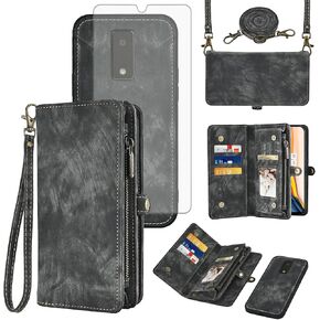 Asuwish Phone Case for Tracfone BLU View 4 B135DL Zipper Wallet Detachable Cell Cover with Tempered Glass Screen Protector Crossbody Strap Flip Card Holder Slot BLUE View 2 2023 View4 135DL Women Blue