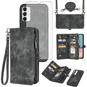 Asuwish Phone Case for Samsung Galaxy A05s/A05 Zipper Wallet Magnetic Detachable Cell Cover with Tempered Glass Screen Protector Crossbody Lanyard Strap Flip Card Holder Ao5s Ao5 A 05s 05 Women Red