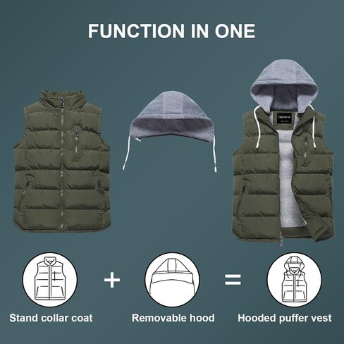 CREATMO US Men's Outdoor Winter Vest Outerwear Removable Hooded Padded Puffer Sleeveless Vest in Kuwait