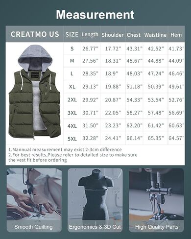 CREATMO US Men's Outdoor Winter Vest Outerwear Removable Hooded Padded Puffer Sleeveless Vest in Kuwait