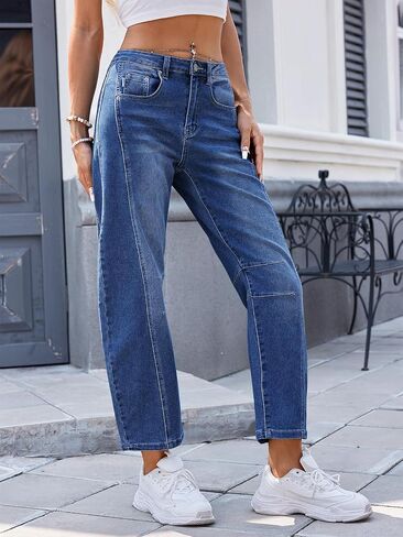Genleck Barrel Jeans Women Wide Leg Cropped Jeans High Waisted Baggy Boyfriend Mom Denim Ankle Pants with Pockets in Saudi Arabia