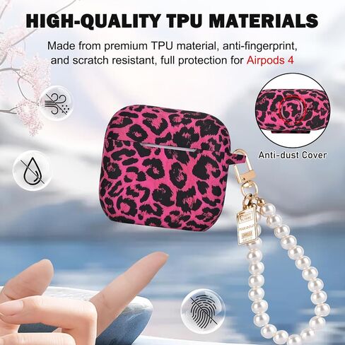 CameCosy Leopard Case Compatible for AirPods 4td Generation with Cute Pearl Wrist Keychain, Black Cheetah Soft TPU Protective Cover for Airpods 4 2024 Case for Women in Kuwait