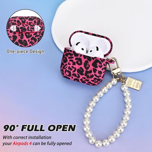CameCosy Leopard Case Compatible for AirPods 4td Generation with Cute Pearl Wrist Keychain, Black Cheetah Soft TPU Protective Cover for Airpods 4 2024 Case for Women in Kuwait