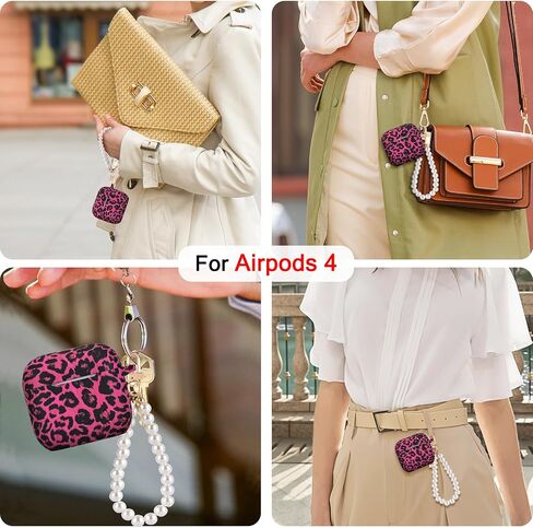 CameCosy Leopard Case Compatible for AirPods 4td Generation with Cute Pearl Wrist Keychain, Black Cheetah Soft TPU Protective Cover for Airpods 4 2024 Case for Women in Kuwait