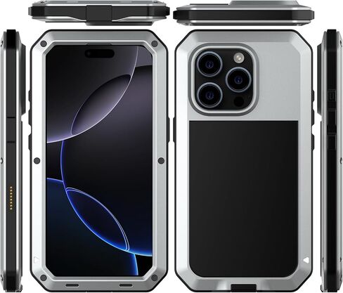 Marrkey for iPhone 16 Metal Case 6.1",Heavy Duty Shockproof Aluminum Alloy Tough Armour Military Grade Phone Case,360 Full Body Protective Cover with Silicone Built-in Screen Protector - Black in Kuwait