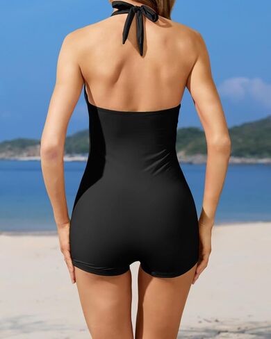 Tempt Me Women Tummy Control One Piece Swimsuits with Shorts Boyleg Retro Bathing Suit Halter Swimwear in Kuwait