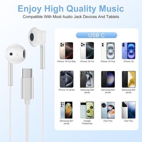 سماعات USB C السلكية لجهاز iPhone 16 Pro Max/16 Plus/16/15 Pro Max/15 Plus/15 ، سماعات الأذن المدمجة في الميكروفون ومجتمع الصوت لـ Samsung Galaxy S25 Ultra/S24 Fe/S24/S23/S22/S21 ، بكسل 9pro/8/7 in Kuwait