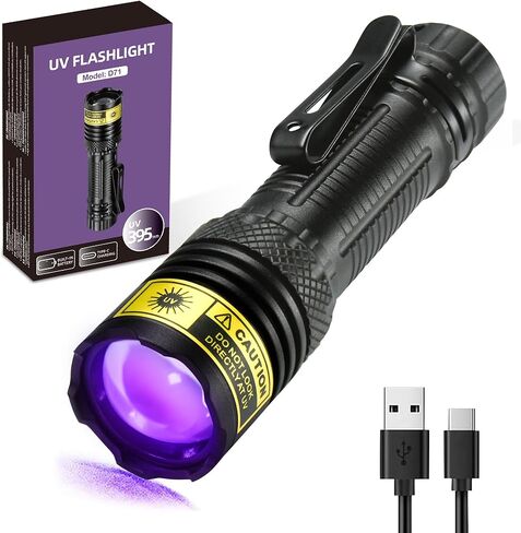 DARKDAWN UV Flashlight 365nm Black Light，Mini & Powerful USB- C Flashlights LED Rechargeable Woods Lamp， Portable Adjustable Focus Blacklight Flashlights for Uranium Glass, Money, Pet Urine Stains ﻿ in Kuwait