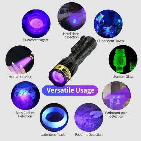 DARKDAWN UV Flashlight 365nm Black Light，Mini & Powerful USB- C Flashlights LED Rechargeable Woods Lamp， Portable Adjustable Focus Blacklight Flashlights for Uranium Glass, Money, Pet Urine Stains ﻿ in Kuwait