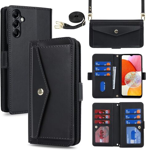 Jaorty Fit for Samsung Galaxy A14 (5G 2023) Wallet Case for Women & Men with Strap,Galaxy A14 Crossbody Phone Case with Card Holder,Shoulder Lanyard,Zipper PU Leather Case 6.6",Dark Green in Kuwait