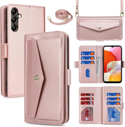 Jaorty Fit for Samsung Galaxy A14 (5G 2023) Wallet Case for Women & Men with Strap,Galaxy A14 Crossbody Phone Case with Card Holder,Shoulder Lanyard,Zipper PU Leather Case 6.6",Dark Green in Kuwait