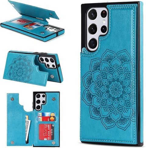 UEEBAI Case for Samsung Galaxy S22 Ultra 5G, Luxury PU Leather Flip Case [Two Magnetic Clasp] [Card Slots] Stand Function Embossed Mandala Pattern Flower Durable Soft TPU Back Wallet Cover - Grey in Kuwait