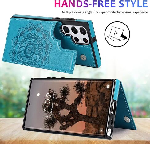 UEEBAI Case for Samsung Galaxy S22 Ultra 5G, Luxury PU Leather Flip Case [Two Magnetic Clasp] [Card Slots] Stand Function Embossed Mandala Pattern Flower Durable Soft TPU Back Wallet Cover - Grey in Kuwait