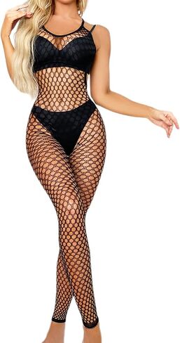 Women's Royal Blue Fishnet Lingerie, Sexy Fishnet Bodystockings, One Piece Mesh Babydoll Bodysuit with Stockings, Jumpsuit Underwear Nightwear in Kuwait