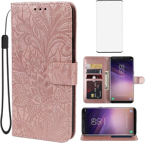 Case for Galaxy S8 Case, Samsung S8 SM-G950U Wallet Case with Tempered Glass Screen Protector, Lace Flower PU Leather Flip Credit Card Holder Phone Cover for Samsung Galaxy S8 Green in Kuwait