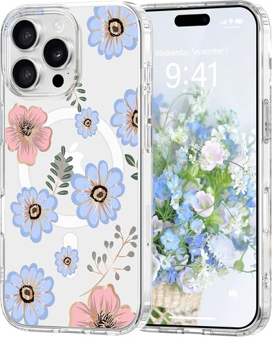 Magnetic for iPhone 14 Pro Max Case Floral, Cute Luxury Clear Flower Cover for Women Girls Soft Elegant Plating [Compatible with Magsafe] Protective Phone Case for iPhone 14 Pro Max, Blossom in Kuwait