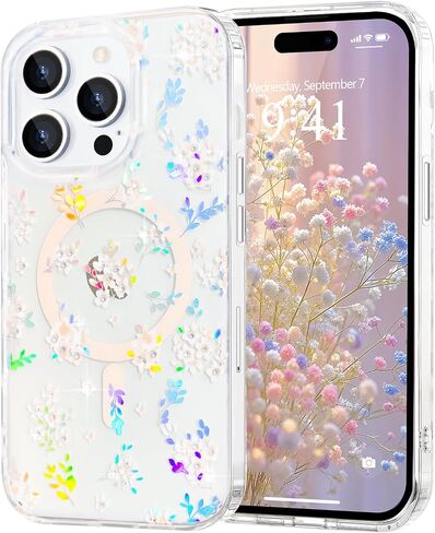 Magnetic for iPhone 14 Pro Max Case Floral, Cute Luxury Clear Flower Cover for Women Girls Soft Elegant Plating [Compatible with Magsafe] Protective Phone Case for iPhone 14 Pro Max, Blossom in Kuwait