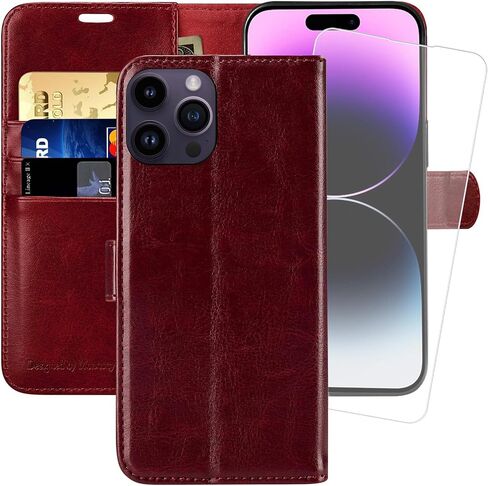 MONASAY Wallet Case Compatible for iPhone 14 Pro 5G, [Glass Screen Protector Included] [RFID Blocking] Flip Folio Leather Cell Phone Cover with Credit Card Holder, 6.1-inch, Black in Kuwait