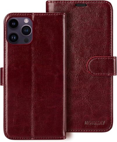 MONASAY Wallet Case Compatible for iPhone 14 Pro 5G, [Glass Screen Protector Included] [RFID Blocking] Flip Folio Leather Cell Phone Cover with Credit Card Holder, 6.1-inch, Black in Kuwait