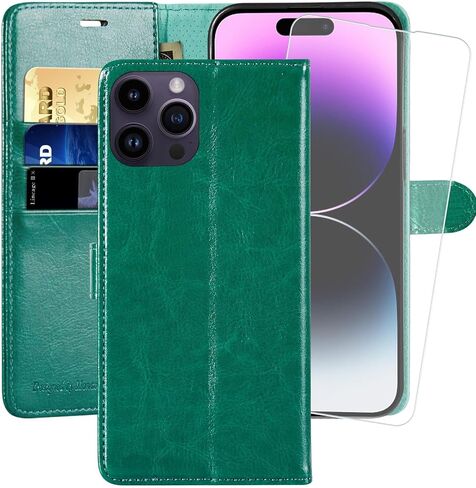MONASAY Wallet Case Compatible for iPhone 14 Pro 5G, [Glass Screen Protector Included] [RFID Blocking] Flip Folio Leather Cell Phone Cover with Credit Card Holder, 6.1-inch, Black in Kuwait