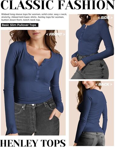 Long Sleeve Shirts for Women, Casual Solid Henley Tops Button Down Shirts, V Neck Blouses Basic Ribbed Knit T Shirts Tunic, Basic Fall Spring T-Shirts for Women for Cocktail Party Holiday (Gray,L) in Saudi Arabia