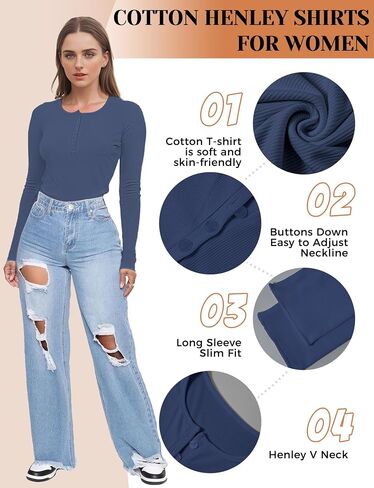 Long Sleeve Shirts for Women, Casual Solid Henley Tops Button Down Shirts, V Neck Blouses Basic Ribbed Knit T Shirts Tunic, Basic Fall Spring T-Shirts for Women for Cocktail Party Holiday (Gray,L) in Saudi Arabia