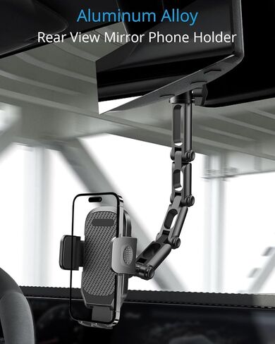 Upgrade Rear View Mirror Phone Holder Mount for Car, Aluminum Multi-Directional metal arms and 360-degree Rotatable Retractable, Essentials Accessories Compatible with iphone android - silvery white in Kuwait