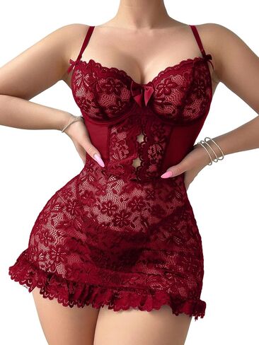 Sexy Mini Bows Ruffle Cutout Floral Lace Sheer Babydoll Lingerie Dress with Thong 2 Piece Women in Saudi Arabia