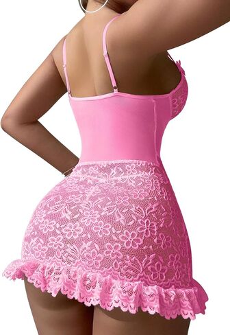 Sexy Mini Bows Ruffle Cutout Floral Lace Sheer Babydoll Lingerie Dress with Thong 2 Piece Women in Saudi Arabia