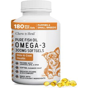 Wild Caught Omega 3 Fish Oil for Dogs - 300mg Softgel Capsules for Healthy Skin and Coat - 180 Dog Fish Oil Pills for Shedding, Dry Itching Skin, and Hot Spots