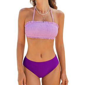 CUPSHE Bikini Set for Women Two Piece Swimsuit Bandeau Top Back Tie Mid Waisted Bottom with Removable Shoulder Straps