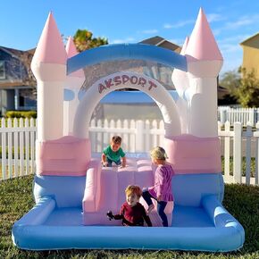 Aksport Assport Asslatable Bound House ، White Castle Bounce House for Kids 3-6 House Bouncer Indoor and Outdoor Deflatable مع منفاخ ومنفاخ الهواء والبالونات لعيد ميلاد الأطفال ، حفل زفاف